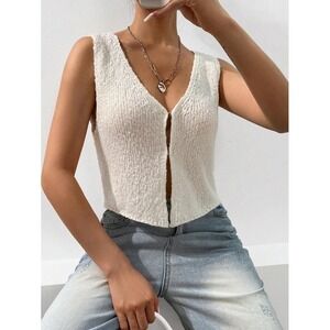 Shein Knit Vest Sleeveless Sweater Button Up Cream‎ Textured Top Size L